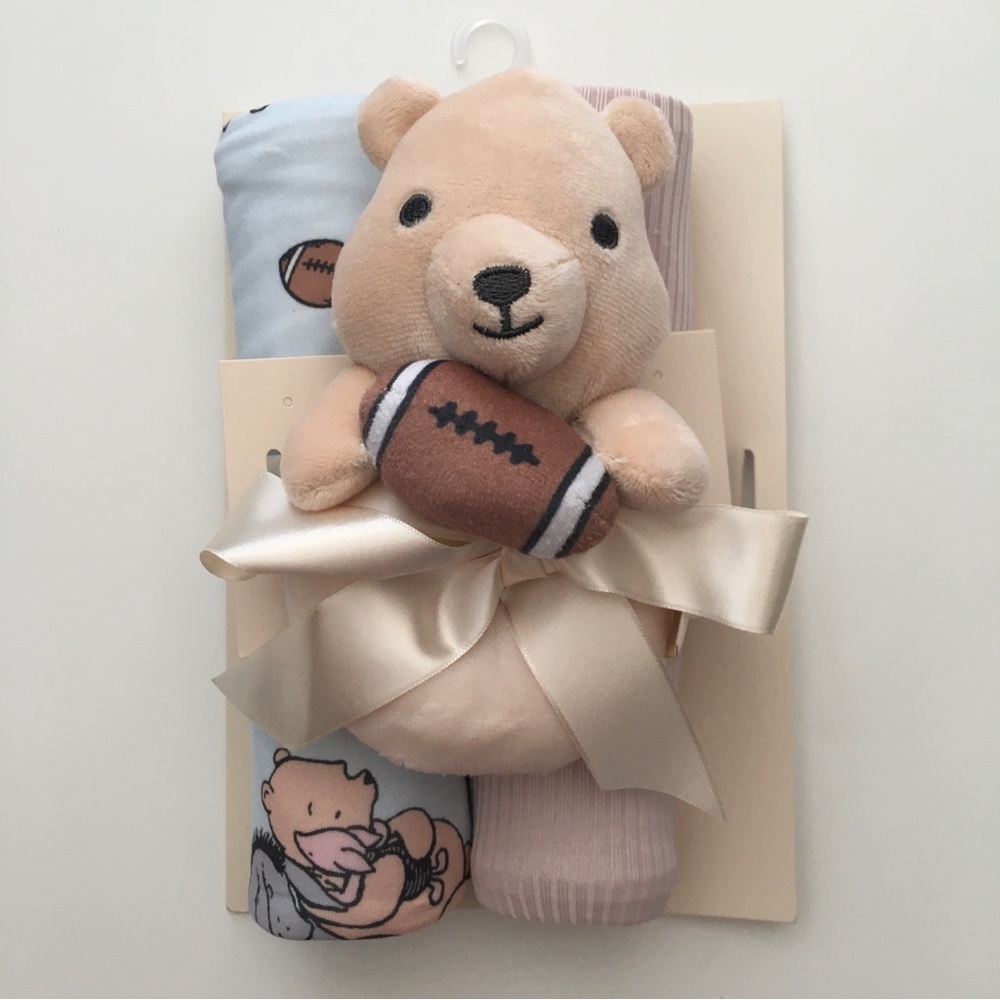 Baby Blankets and Small Plush Bear Set with Football Theme - Beige